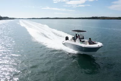 Bayliner Trophy Boat Running with Two Mercury Outboard Engines, Stern View