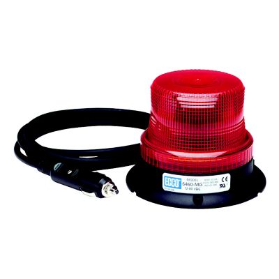 Red LED beacon with magnet mount, featuring a coiled cable and plug, designed for emergency or utility vehicles.