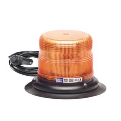 Low profile Class II LED beacon with vacuum mount, featuring an amber lens and coiled power cable for vehicles.
