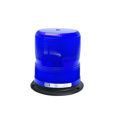 Blue 7950 Series Class II LED Beacon with medium profile and permanent mount on a black base, isolated on white background.