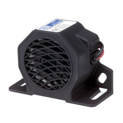 Black ECCO CT5302LDW audible alarm with a durable grid-like front, mounting holes, and two red and black lead wires.
