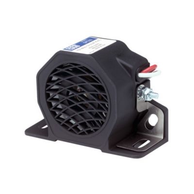 ECCO DF532 backup alarm with dual tone, black casing, and mounting brackets for 12-24V vehicles.