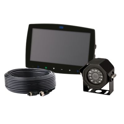 ECCO backup camera set with monitor, camera unit, and coiled cable for enhanced vehicle safety and visibility.