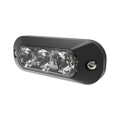 Amber LED light with three diodes in a black housing, designed for surface mounting and multiple flash patterns.