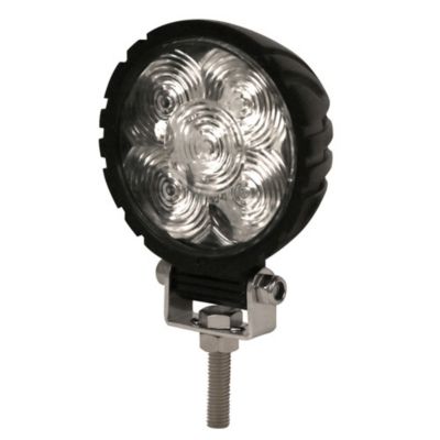 Round ECCO EW2481 worklight with flood beam and metallic mounting bracket, emitting bright light from multiple circular elements.