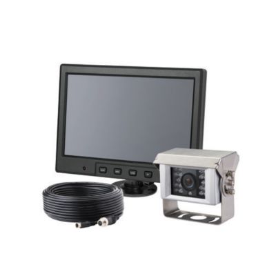 ECCO backup camera kit with monitor, wiring, and weatherproof camera for enhanced vehicle safety and security.