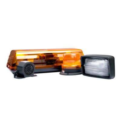 Vehicle lighting components including amber LED light bar, orange beacon light, and clear work light.