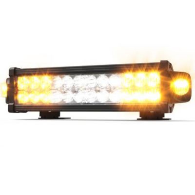 LED directional light bar with amber and white bulbs, black casing, designed for wide-angle visibility and vehicle safety.