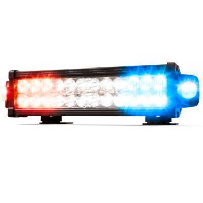 Red and blue LED directional warning light bar with black frame, ideal for emergency vehicles.