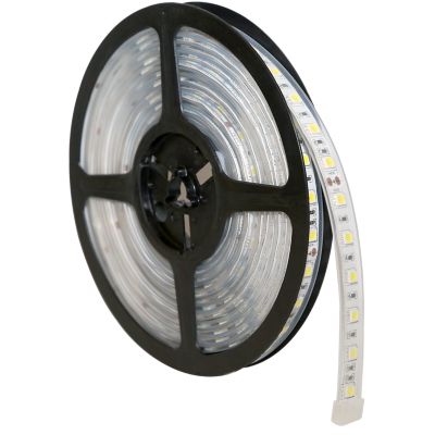 LED light strip roll, clear, coiled on black spool, showcasing multiple bright LEDs for interior illumination.