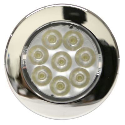 Chrome circular LED interior light with a spot beam, featuring multiple bulbs and a sleek design.