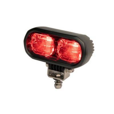 Red LED safety worklamp with rugged design, ideal for outdoor pedestrian boundary marking, featuring dual-light setup.