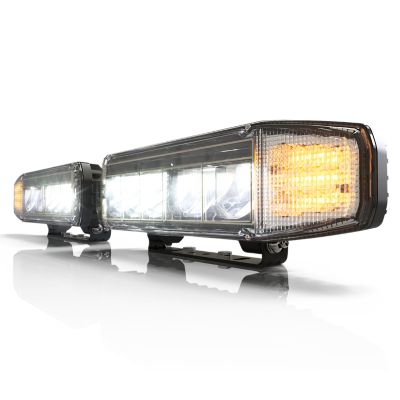 Dual LED snowplow headlights with heated lenses and harness, designed for durability and optimal visibility in harsh conditions.