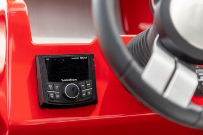  radio on the helm of the H20 wake boat