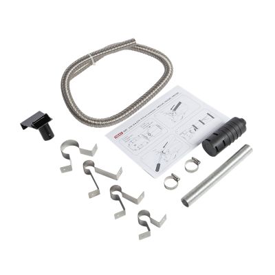 Whale FK0212C heat air GTR 10 kit with flue, onboard bracket, flexible tube, metal clips, and fittings displayed.