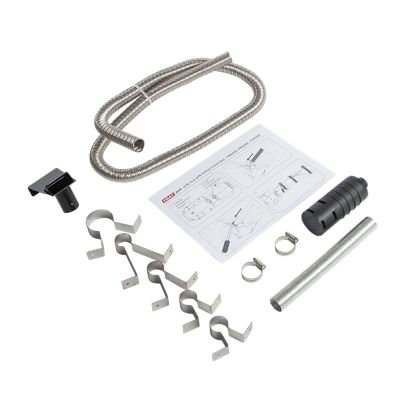 Whale FK0220C flue kit with coiled metal hose, brackets, clamps, pipe, and installation guide for Heat Air GTR systems.