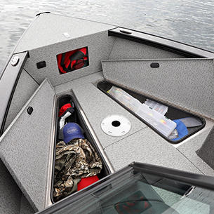 Fisherman Bow Deck Storage Compartments Open (Shown with Full Vinyl Option)