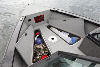 Fisherman Bow Deck Storage Compartments Open (Shown with Full Vinyl Option)