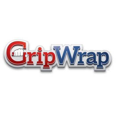 GripWrap logo design with bold red and blue lettering and a hand graphic, emphasizing durability and performance of wrap sleeving.