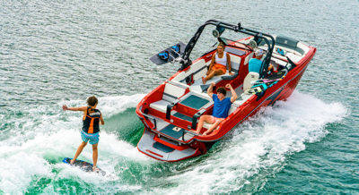 wakesurfer behind the WTSurf wake boat