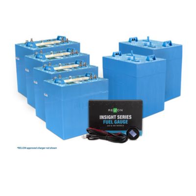 RELiON lithium battery bundle with InSight batteries, fuel gauge, remote button, and portable charger.