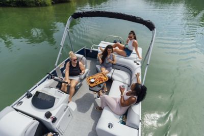 Four Friends Relaxing on Lowe Pontoon Boat, Aerial View