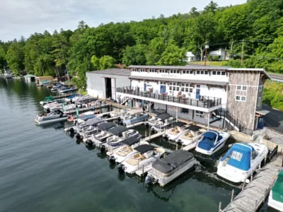 lake george marina with several boats