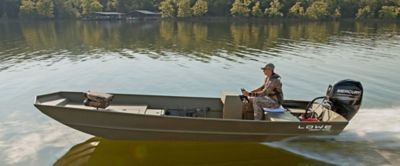 Fisherman on Lowe 1852 MT Jon Boat, Starboard View, Boat Underway on Lake