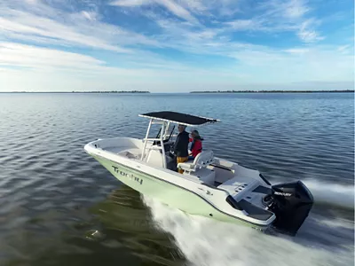 two people on a Trophy Bayliner boat