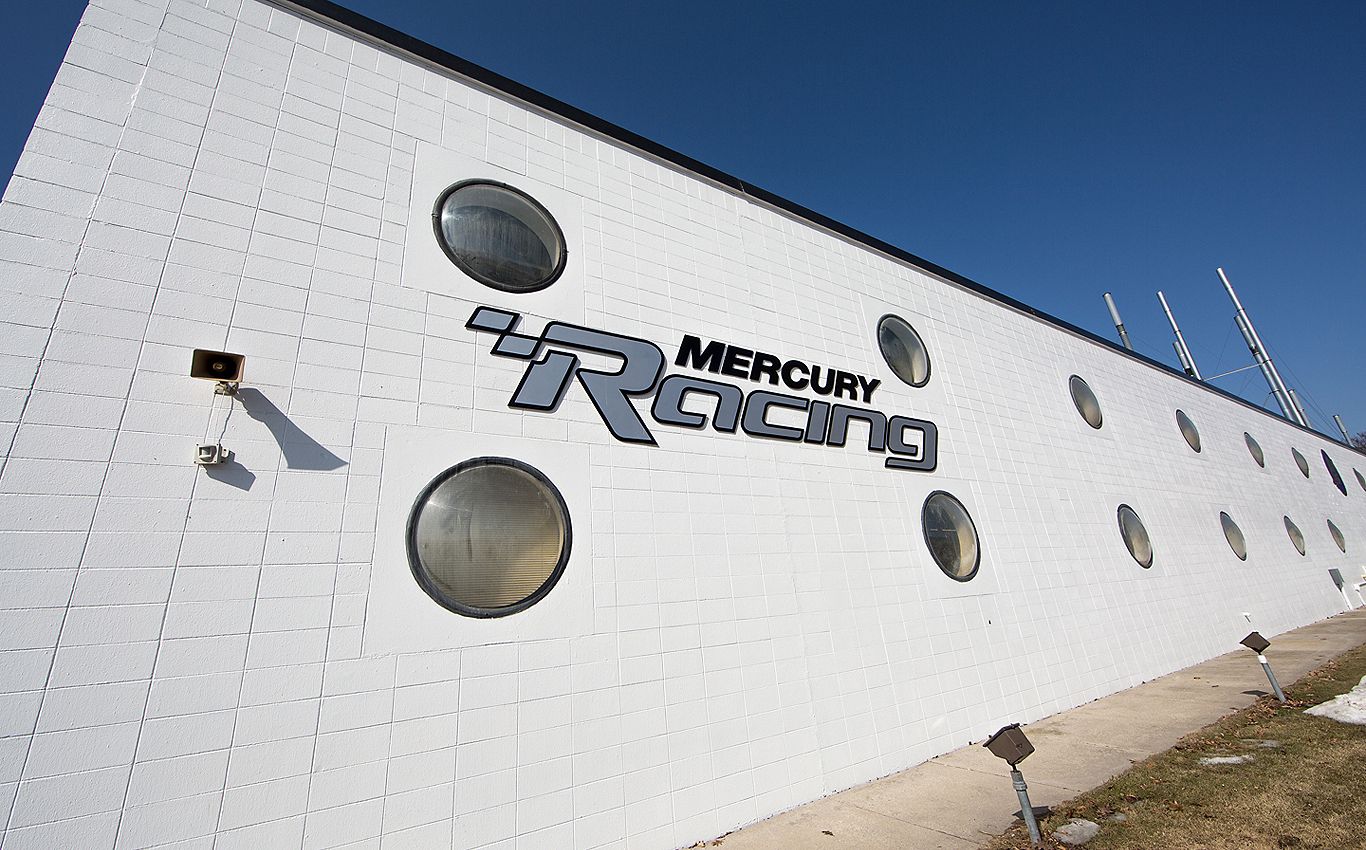 Mercury Racing logo white building close-up