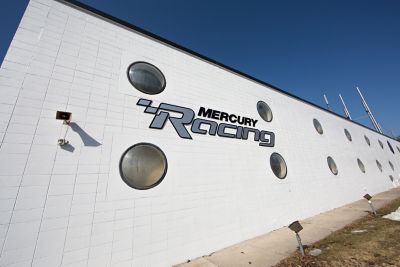 Mercury Racing logo white building close-up