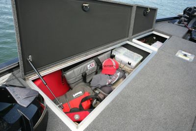 Pro-V Bass Bow Deck Port Storage Compartments Open