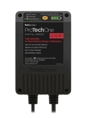 Automatic ProMariner ProTechOne battery charger, digital display, black weatherproof case, corded, 4 Amp, 12V charging.