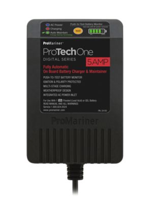ProMariner ProTechOne Digital Series onboard battery charger with LED indicators and integrated AC inlet with cover.