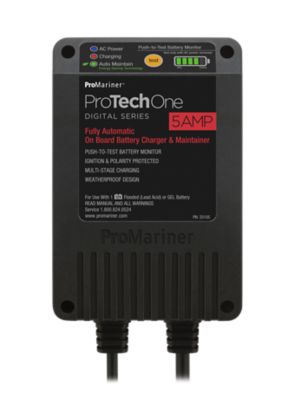 ProMariner ProTechOne battery charger with digital display, showing status indicators and sleek, weatherproof design.