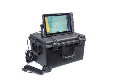 Portable sonar unit in a rugged black case with a high-resolution display, designed for first responders in emergencies.