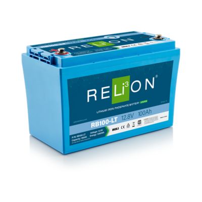 Blue RELiON RB100-LT lithium battery featuring 12.8V, 100 Ah capacity, designed for low temperatures and not series capable.