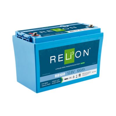RELiON RB100, blue lithium iron phosphate battery, 12V, series capable up to 48V, 100Ah, featuring HAZMAT label.