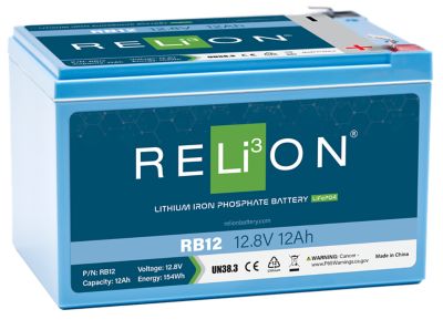 Lithium iron phosphate battery by RELiON, model RB12, with F2 flag terminal and HAZMAT warning label.