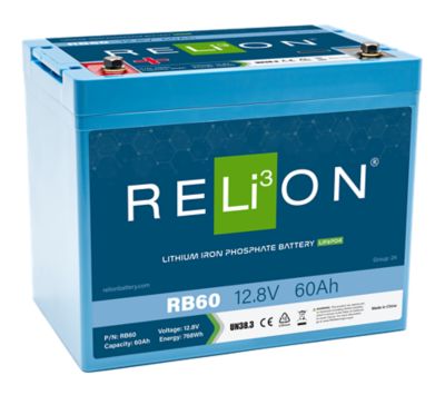 RELiON RB60 lithium battery, blue casing, lifepo4 technology, features high capacity and series capability.