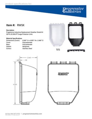 Progressive Industries RWSK cover kit with SSP & EMS-PT surge protector features, materials, and specifications diagram.