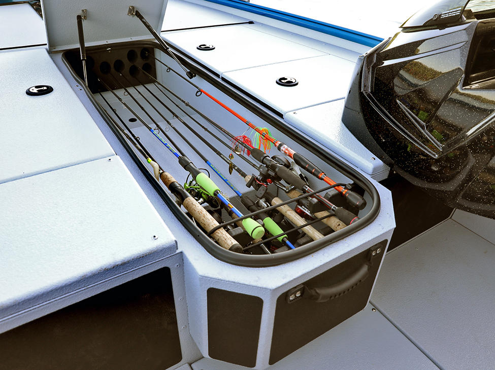 Renegade Bow Deck Lockable Rod Storage Compartment shown with Gray Lund Guard Floor and Interior Option