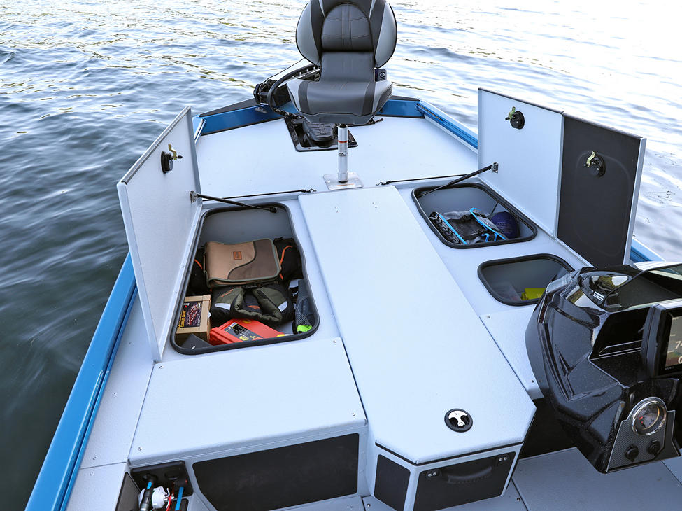 Renegade Bow Deck Storage Compartments Open shown with Gray Lund Guard Floor and Interior Option