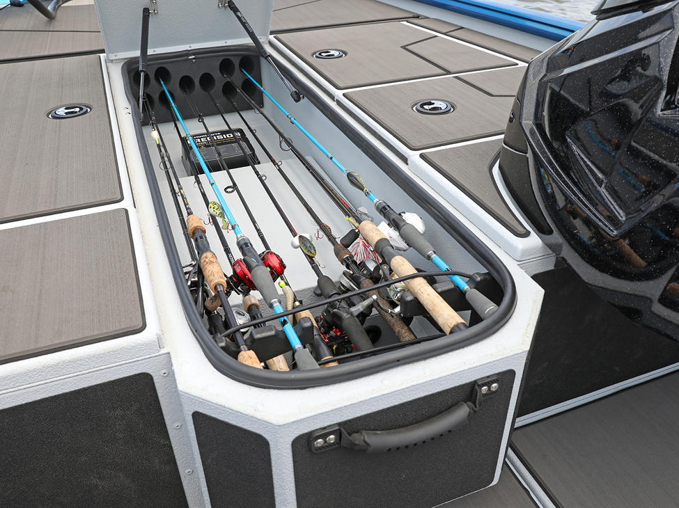 Renegade Center Rod Storage Compartment Open shown with Optional Stick-On Marine Mat