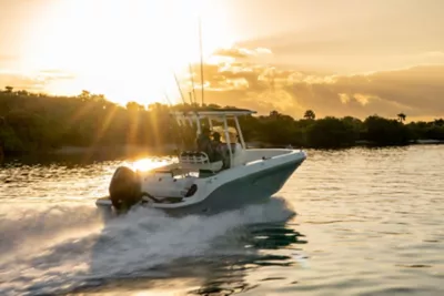 Bayliner Trophy Boat Running with Two Mercury Outboard Engines, Stern View