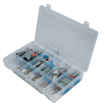 Open plastic case with Amphenol AT Series connectors, featuring various components in organized compartments.