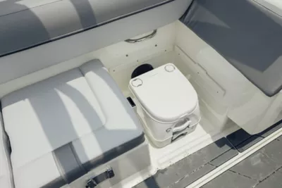 detail photo of toilet facilities on boat, also known as the head