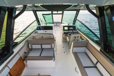 Couple in Cockpit of Boston Whaler 210 Vantage Dual Console Boat, Overhead View