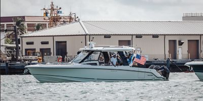 A Boston Whaler boat on the sea.