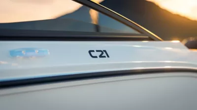 Logo on exterior of C21 Cuddy Outboard overnight boat